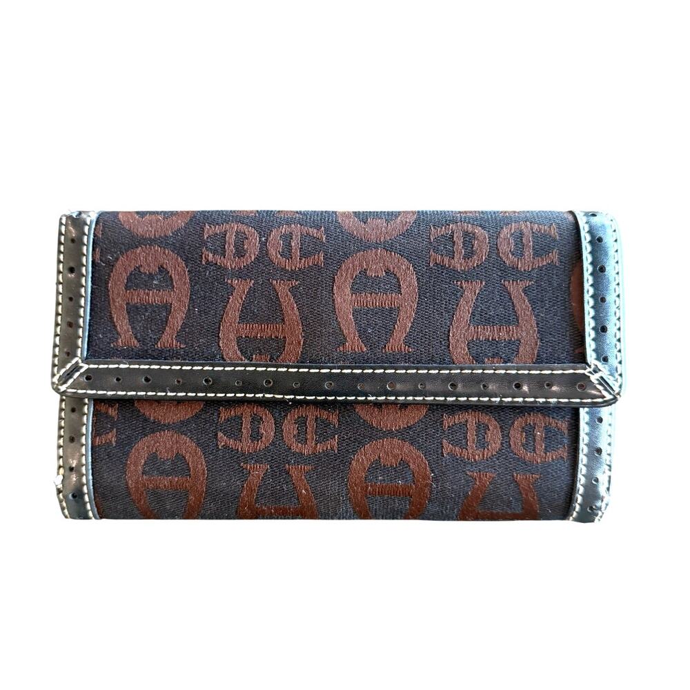 Etienne Aigner Brown and Black Monogram Logo Wallet Zipper and Flap
